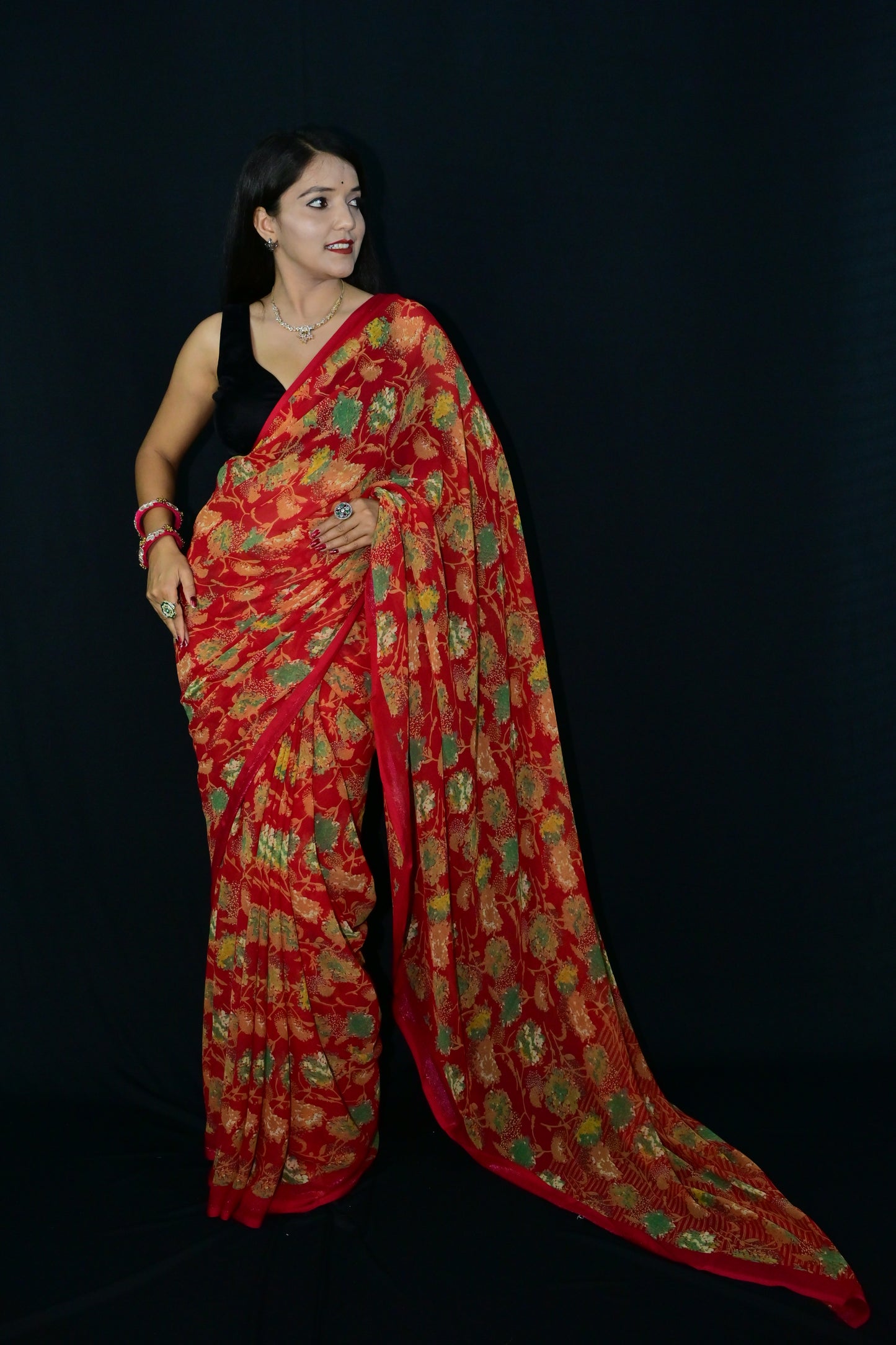 Red Banarasi Style Saree with Gold Leaf Weaving