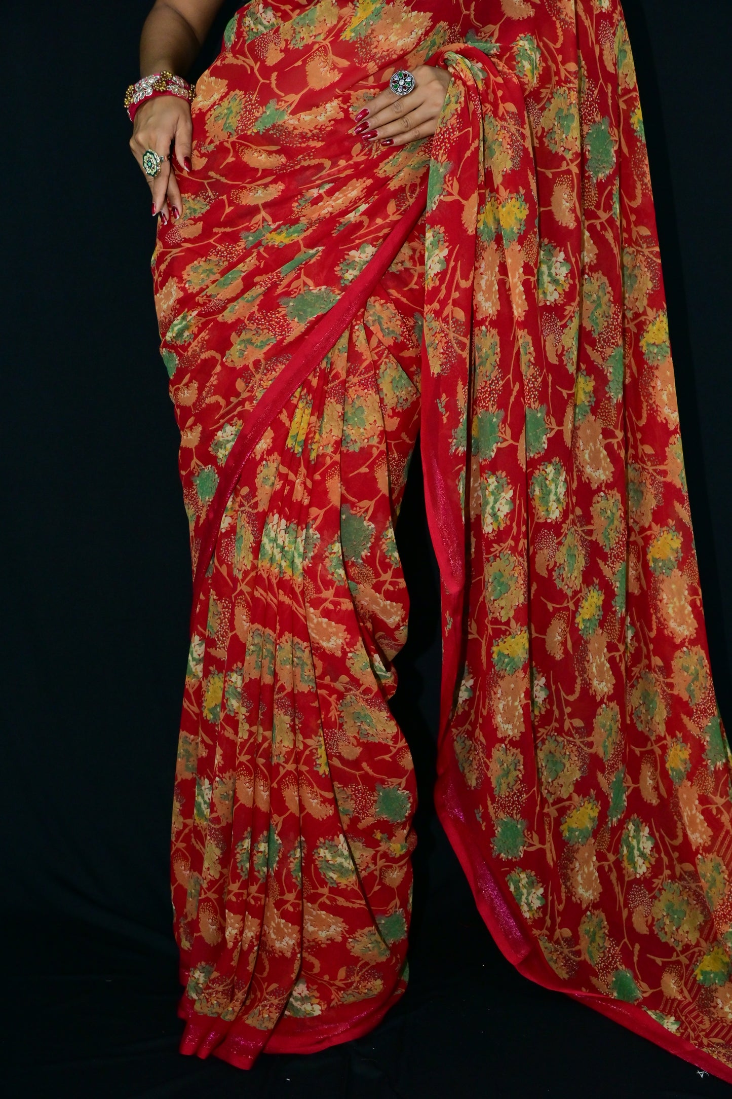Red Banarasi Style Saree with Gold Leaf Weaving