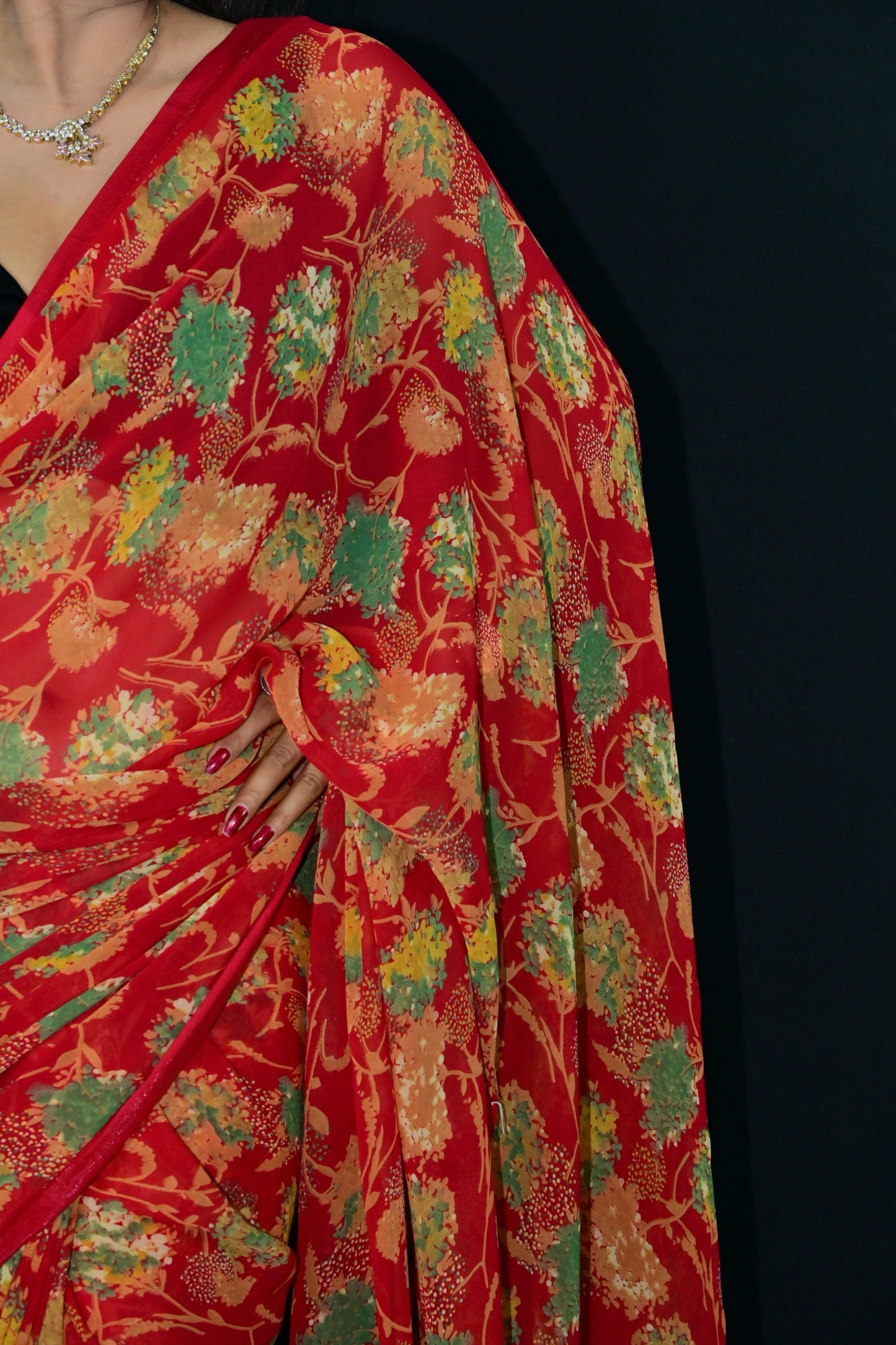 Red Banarasi Style Saree with Gold Leaf Weaving