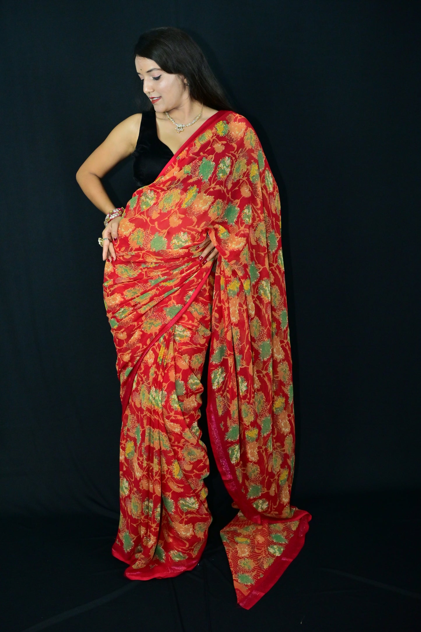 Red Banarasi Style Saree with Gold Leaf Weaving