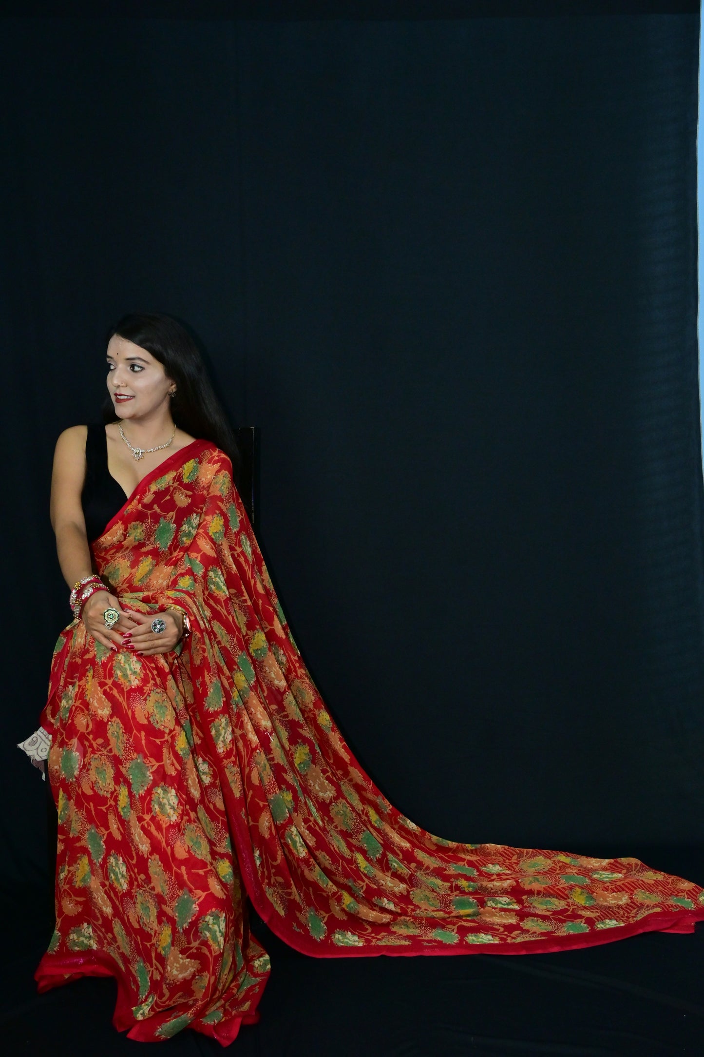 Red Banarasi Style Saree with Gold Leaf Weaving