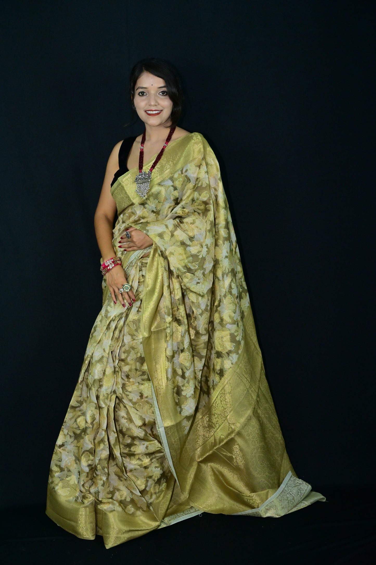 Beige Floral Printed Saree with Elegant Border Work
