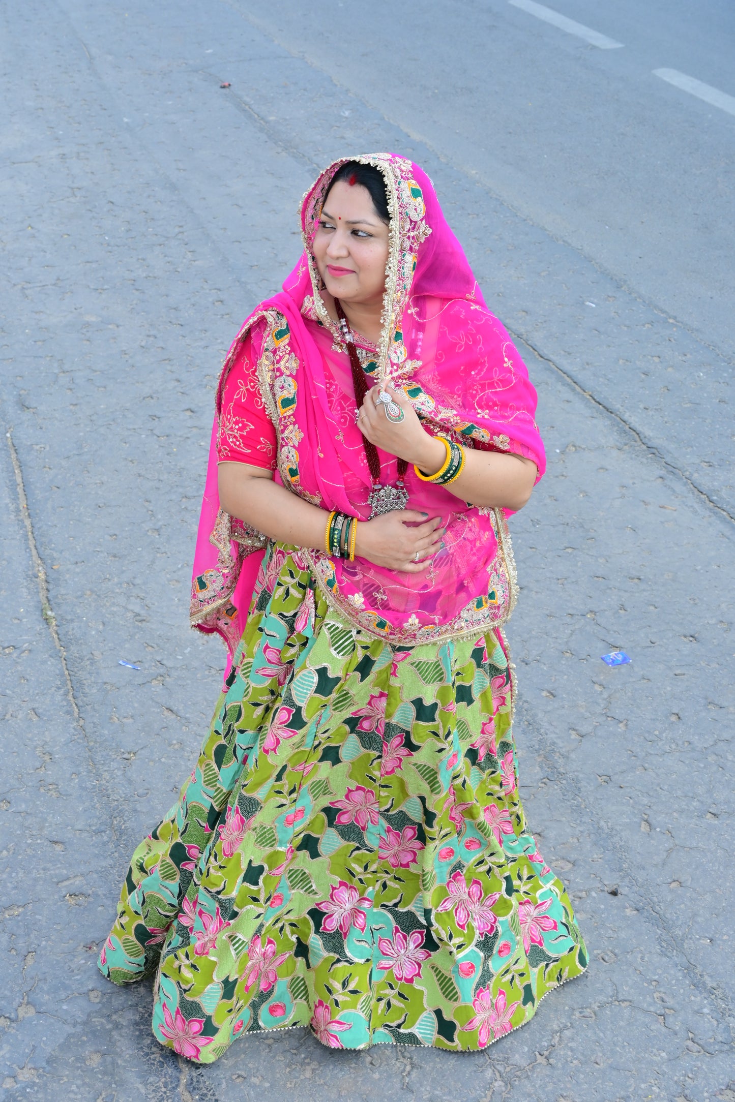Green Floral Lehenga with Pink Embroidered Odhani