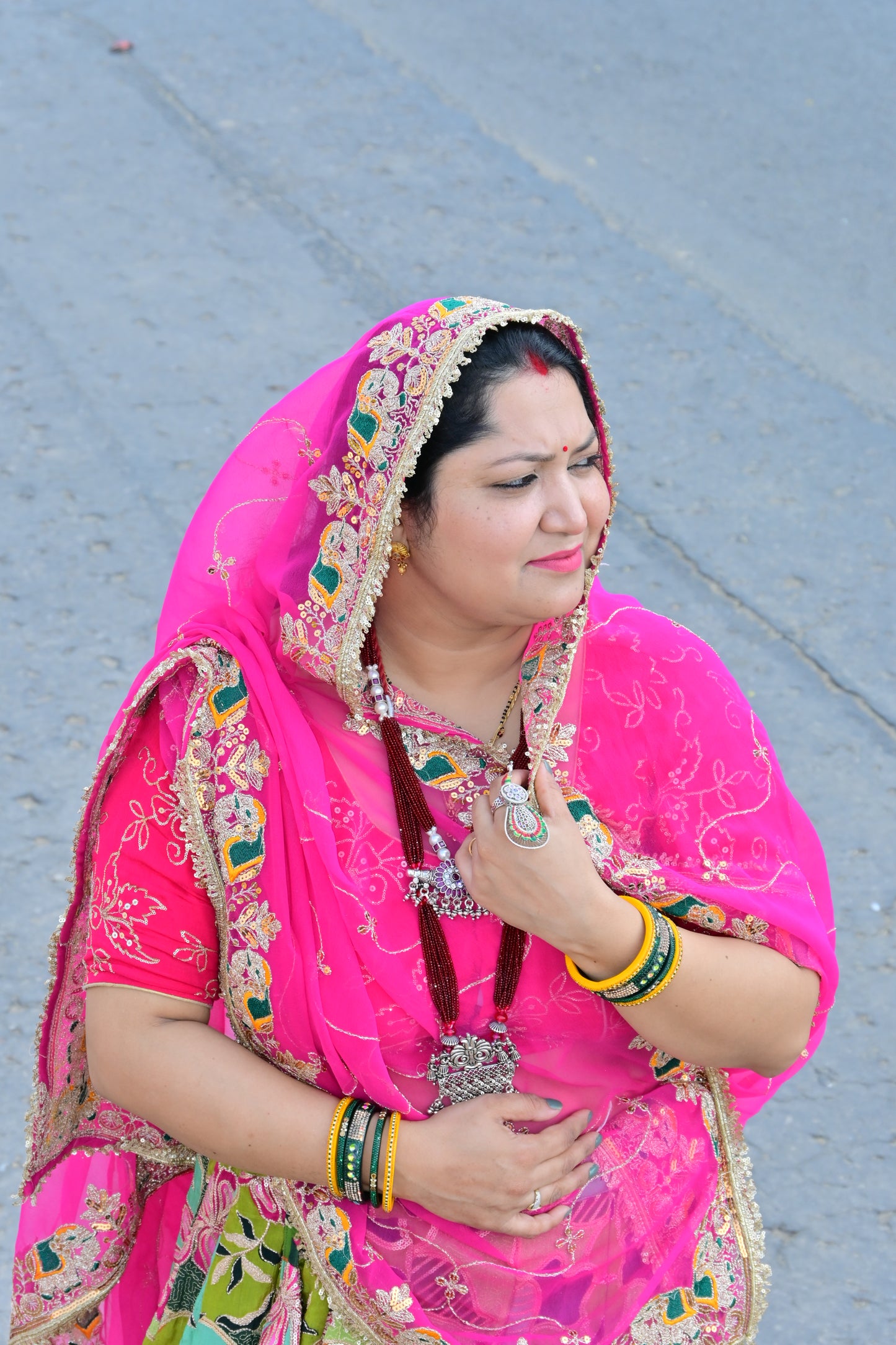 Green Floral Lehenga with Pink Embroidered Odhani