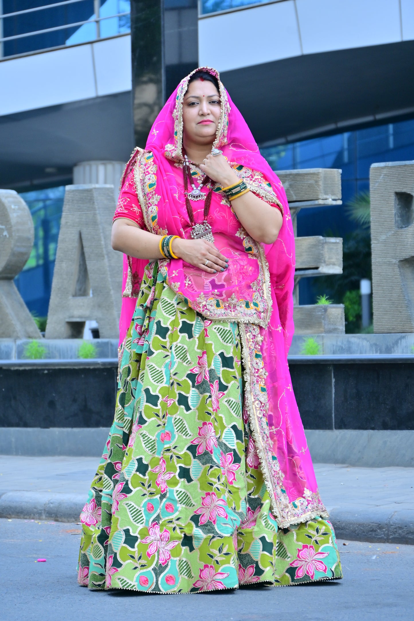 Green Floral Lehenga with Pink Embroidered Odhani