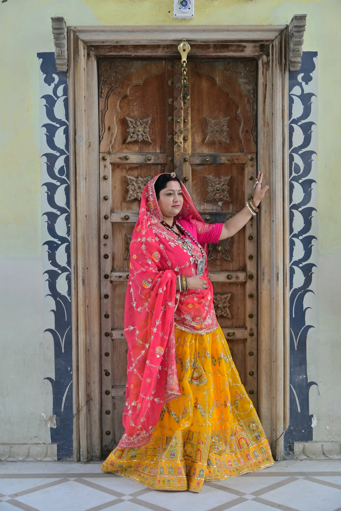 Yellow Lehenga with Pink Odhani & Mirror Embroidery