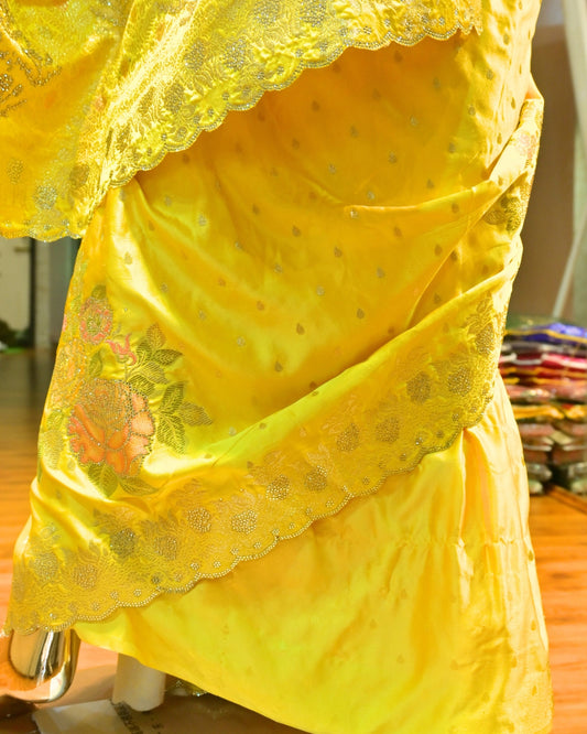 Bright Yellow Silk Saree with Golden Zari Border & Floral Embroidery