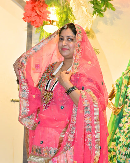 Pink-Orange Embroidered Lehenga Choli with Zari Lace Dupatta