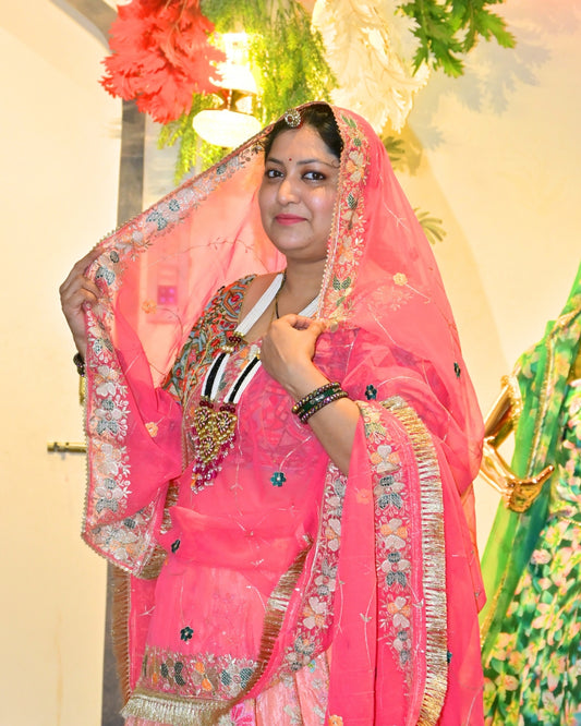 Pink-Orange Embroidered Lehenga Choli with Zari Lace Dupatta