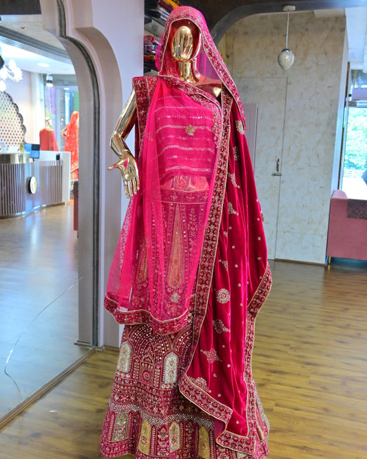 Bridal Red Embroidered Lehenga Choli with Heavy Zari & Dupatta