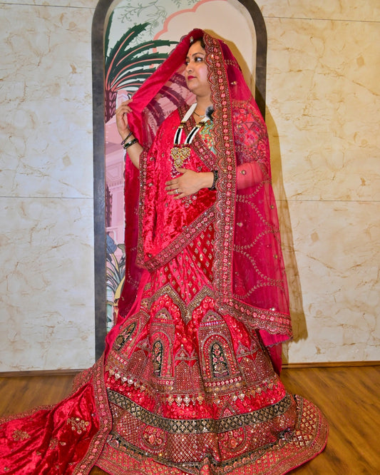 Luxury Bridal Red Velvet Lehenga with Heavy Hand Embroidery & Zari Work