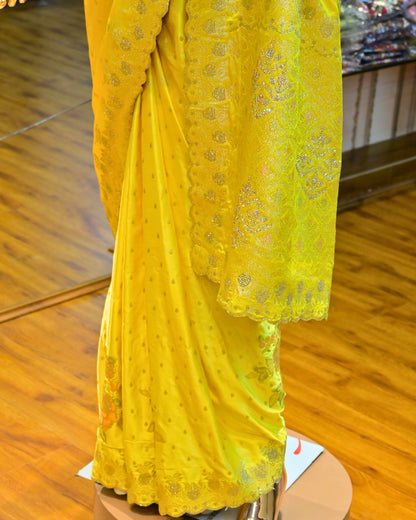 Bright Yellow Silk Saree with Golden Zari Border & Floral Embroidery
