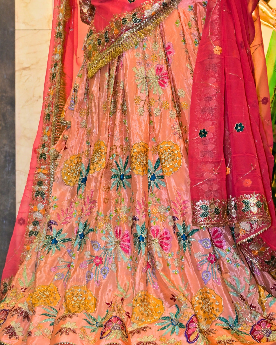 Pink-Orange Embroidered Lehenga Choli with Zari Lace Dupatta