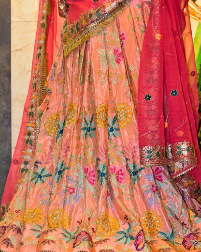 Pink-Orange Embroidered Lehenga Choli with Zari Lace Dupatta