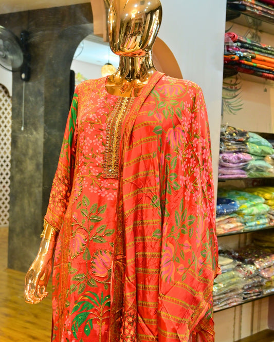 Red Floral Printed Suit Set with Zari Neckline & Matching Dupatta