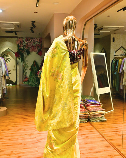Bright Yellow Silk Saree with Golden Zari Border & Floral Embroidery