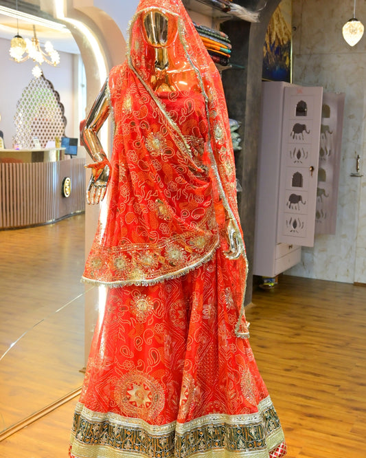 Red Bridal Bandhej Lehenga with Golden Zari & Gota Patti Work