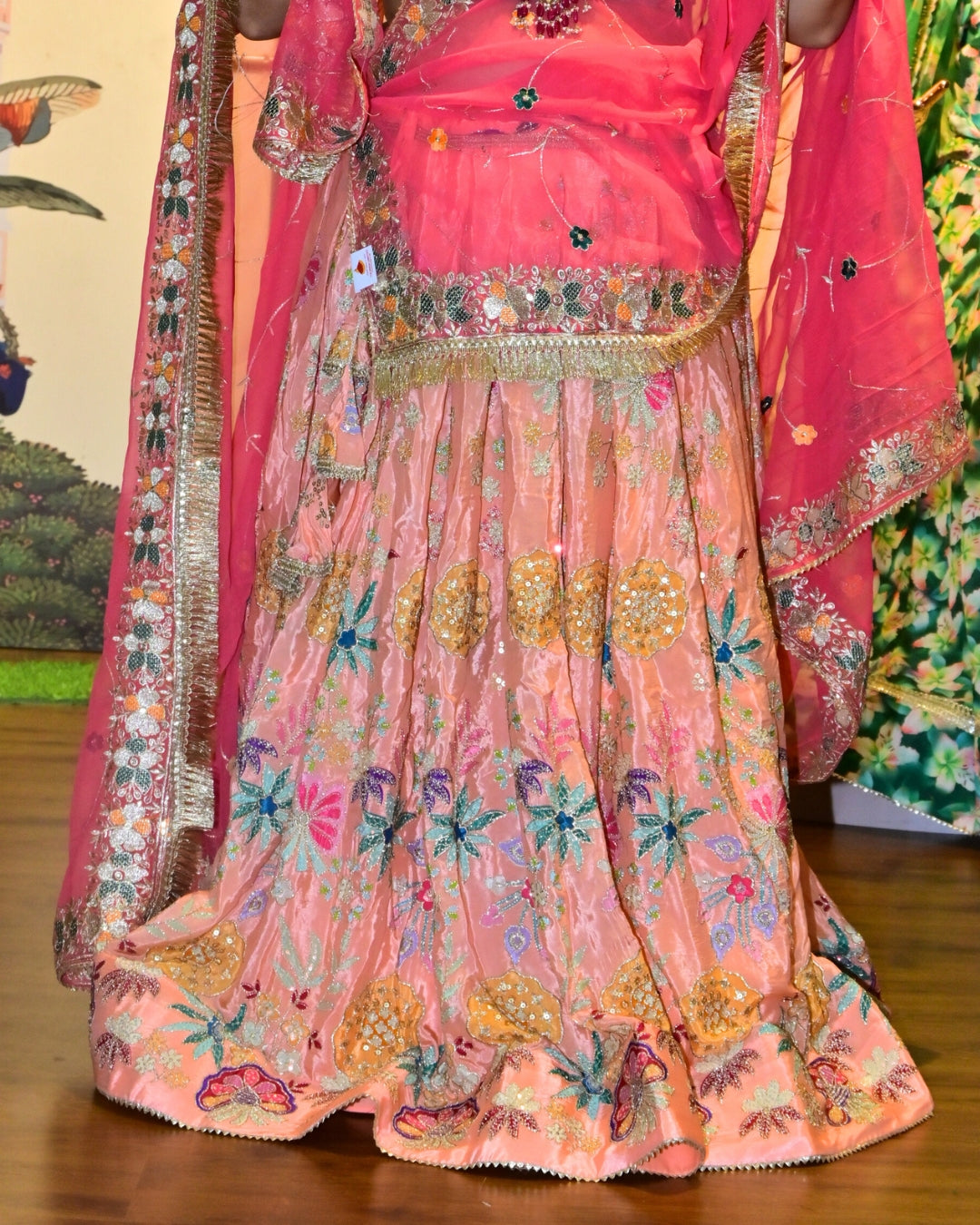 Pink-Orange Embroidered Lehenga Choli with Zari Lace Dupatta