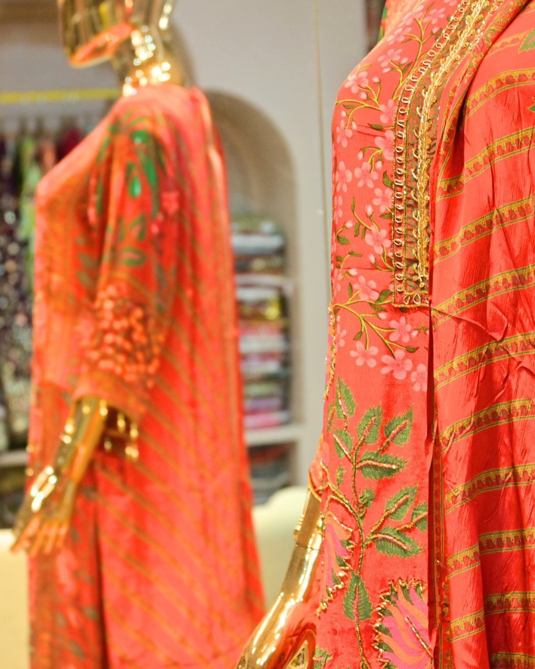 Red Floral Printed Suit Set with Zari Neckline & Matching Dupatta