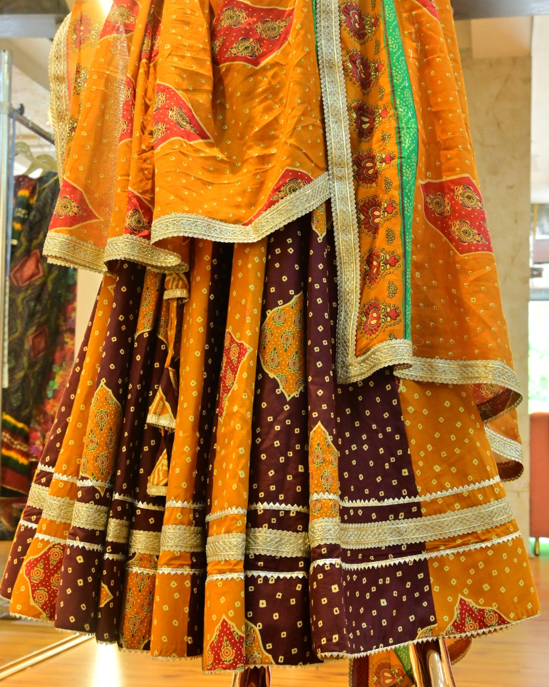 Orange & Maroon Bandhej Printed Rajasthani Lehenga with Dupatta