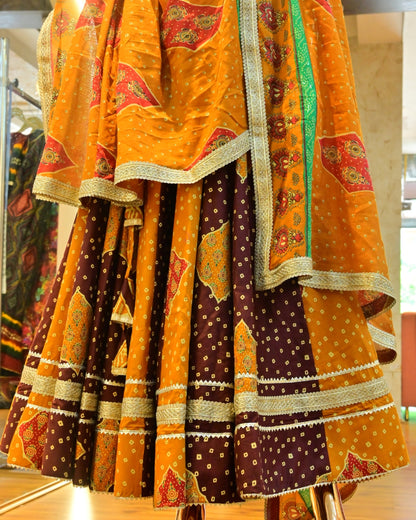 Orange & Maroon Bandhej Printed Rajasthani Lehenga with Dupatta