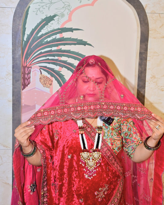 Luxury Bridal Red Velvet Lehenga with Heavy Hand Embroidery & Zari Work