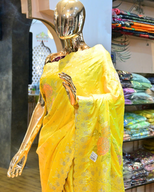 Bright Yellow Silk Saree with Golden Zari Border & Floral Embroidery