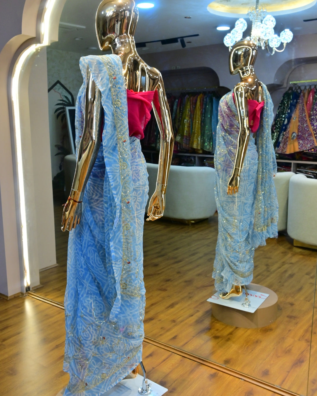 Light Blue Bandhej Rajasthani Saree with Zari Border – Traditional Tie-Dye Saree