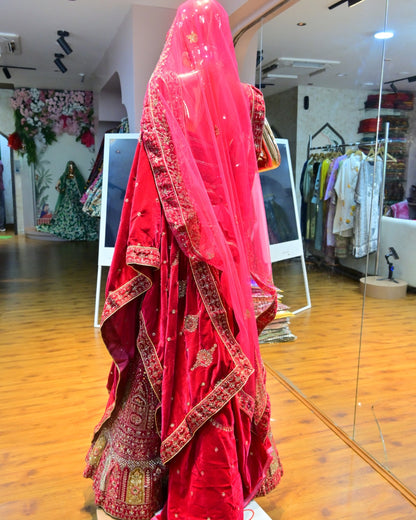 Bridal Red Embroidered Lehenga Choli with Heavy Zari & Dupatta