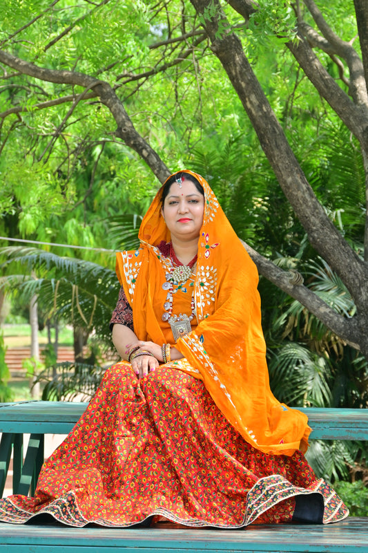 Orange Gota Patti Dupatta with Red Floral Lehenga