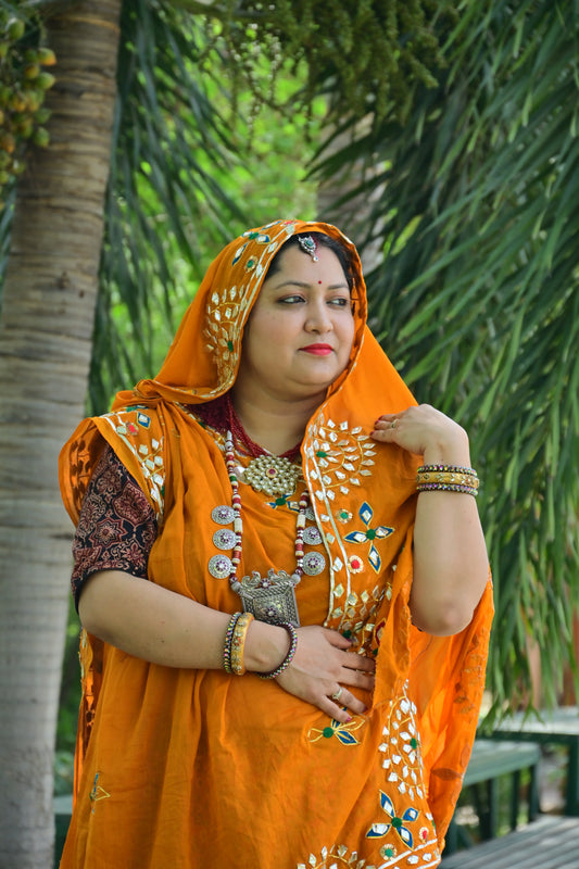 Orange Gota Patti Dupatta with Red Floral Lehenga
