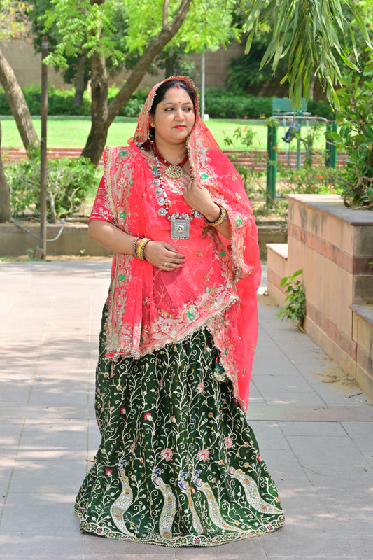 Green Velvet Peacock Lehenga with Pink Bridal odni