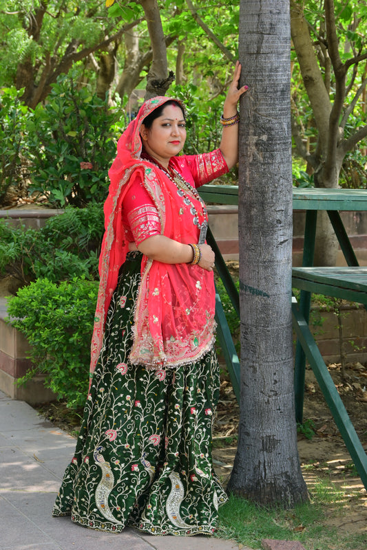 Green Velvet Peacock Lehenga with Pink Bridal odni