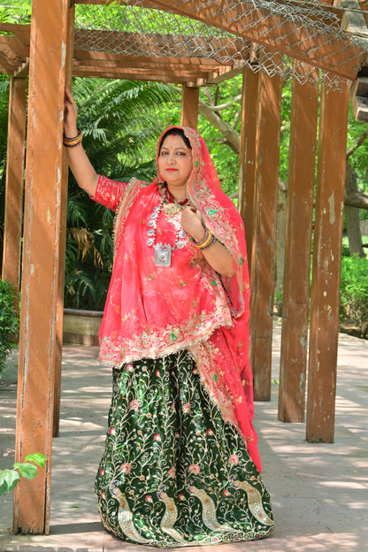 Green Velvet Peacock Lehenga with Pink Bridal odni