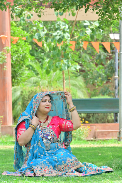 Teal Blue Rajasthani Lehenga with Red Choli & Odhani