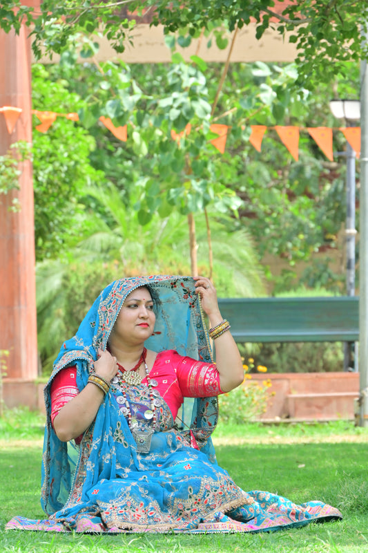 Teal Blue Rajasthani Lehenga with Red Choli & Odhani