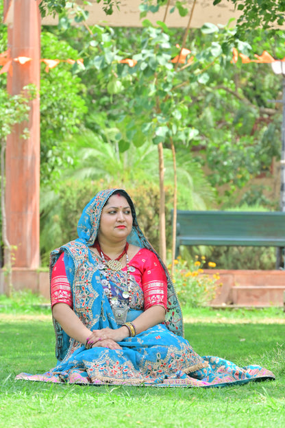 Teal Blue Rajasthani Lehenga with Red Choli & Odhani