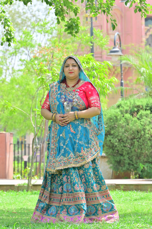 Teal Blue Rajasthani Lehenga with Red Choli & Odhani