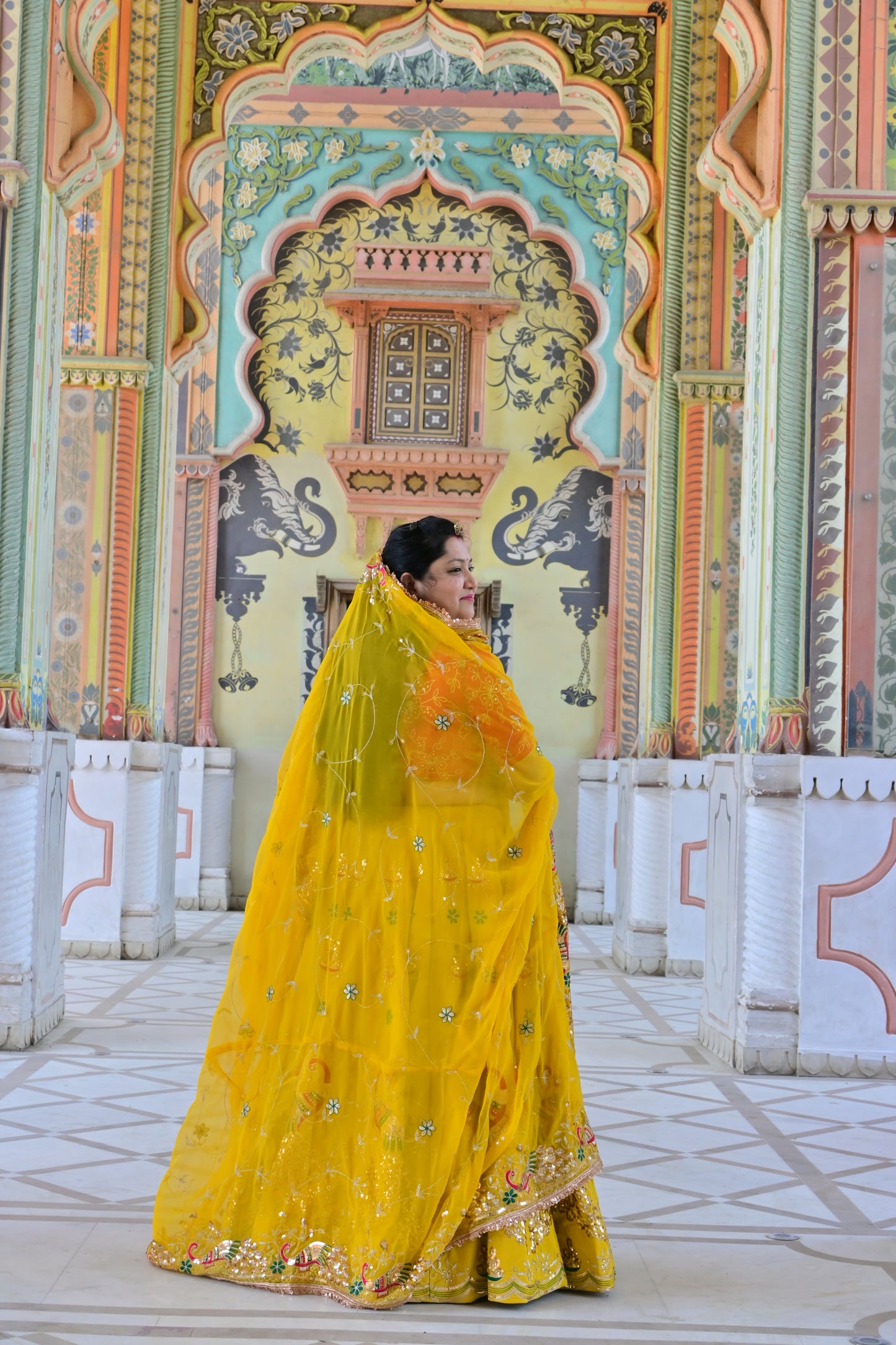 Yellow Mirror Work Lehenga with Pink Blouse & Odni