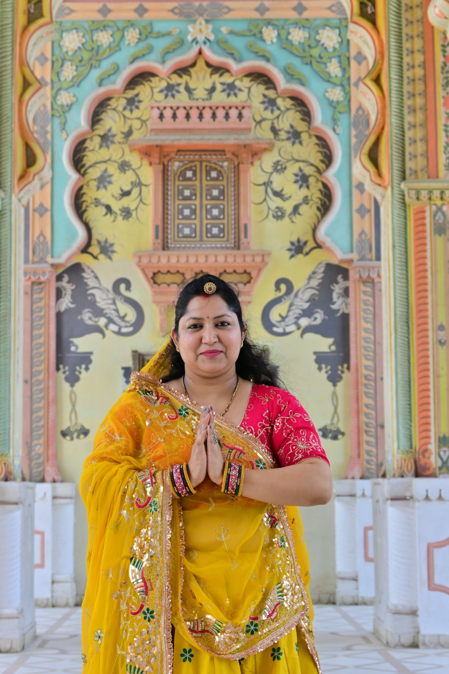 Yellow Mirror Work Lehenga with Pink Blouse & Odni