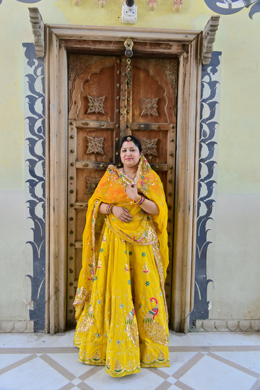 Yellow Mirror Work Lehenga with Pink Blouse & Odni