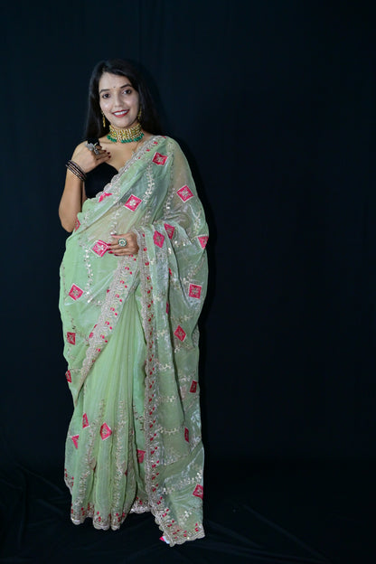 Light Green Rajasthani Embroidered Party Saree