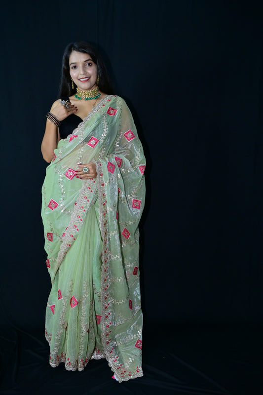 Light Green Rajasthani Embroidered Party Saree