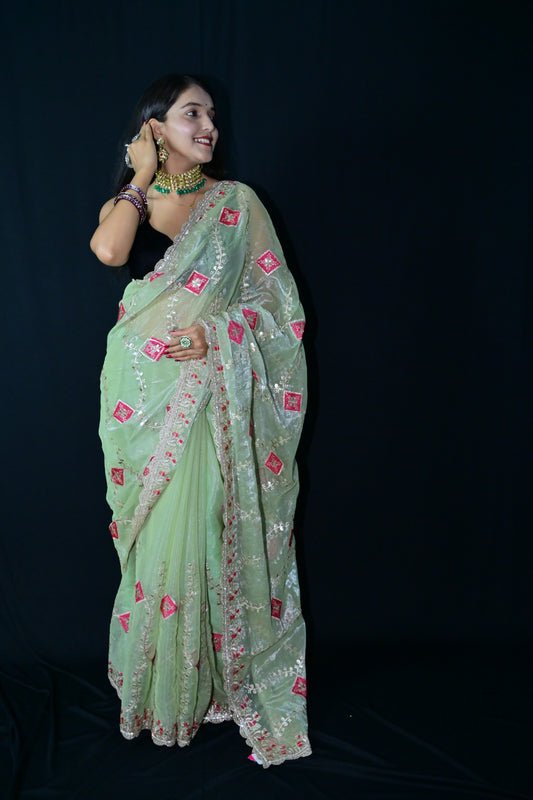 Light Green Rajasthani Embroidered Party Saree