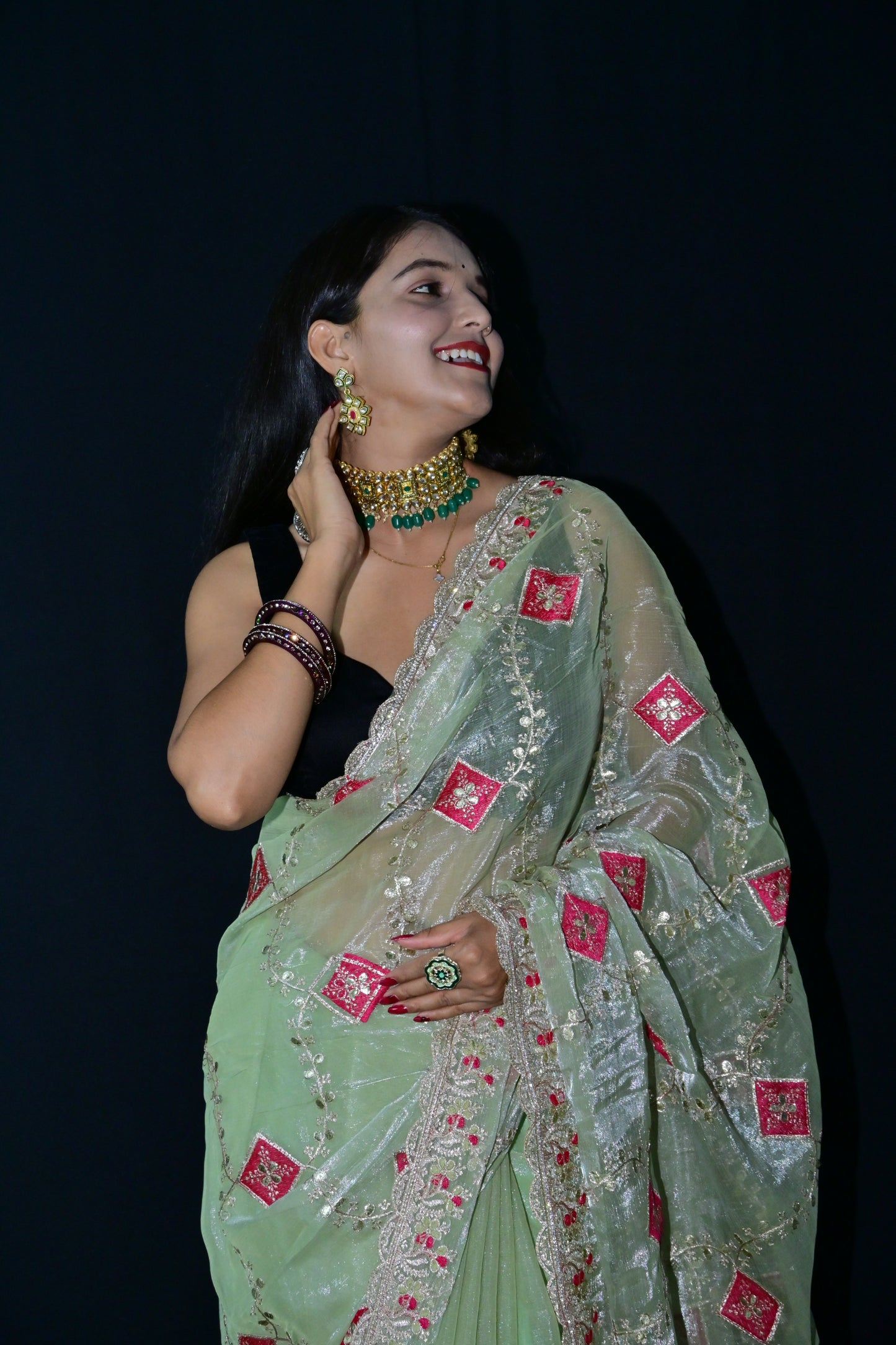 Light Green Rajasthani Embroidered Party Saree