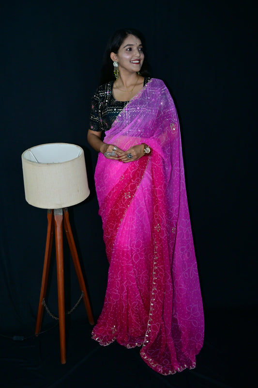 Pink Rajasthani Bandhani Saree with Gota Patti Border