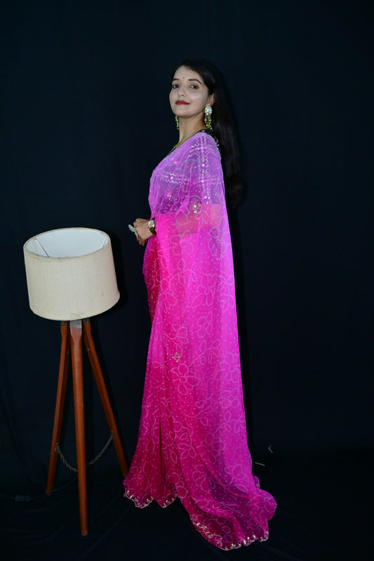 Pink Rajasthani Bandhani Saree with Gota Patti Border