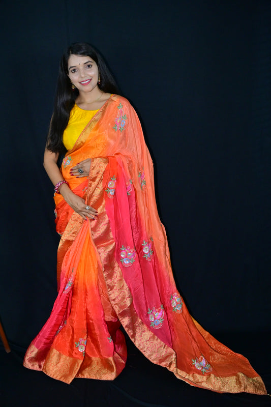 Orange-Pink Embroidered Saree with Golden Zari