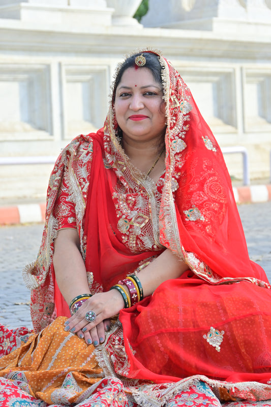Red & Mustard Embroidered Rajasthani Lehenga Choli Set
