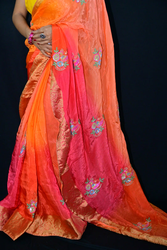 Orange-Pink Embroidered Saree with Golden Zari